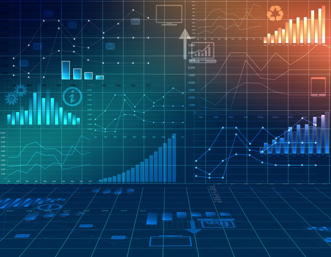 This abstract photo has a blue background with a burst of orange in the upper right corner. Various charts and grafts are superimposed. This image is meant to symbolize available data that could be pulled into a report.