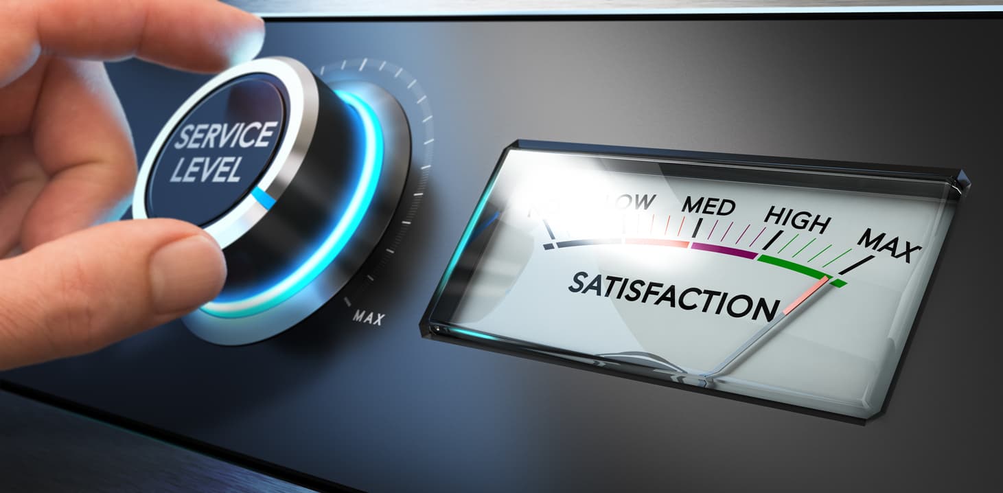 This image shows a hand on a knob that says “service level.” Next to the knob is an old-fashioned analog gauge to measure satisfaction, with settings of low, med, high, and max. The needle on the gauge is at max.