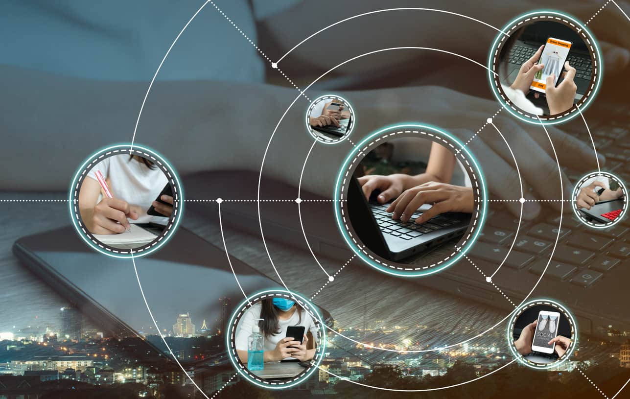 A depiction of a remote workforce connected via Amazon WorkSpaces.