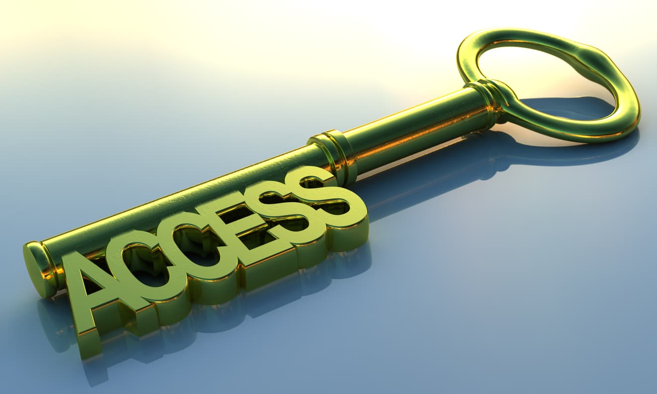 This image shows a large key on a blue background. Where the bit of the key (the part that goes into the lock) would be is the word access.