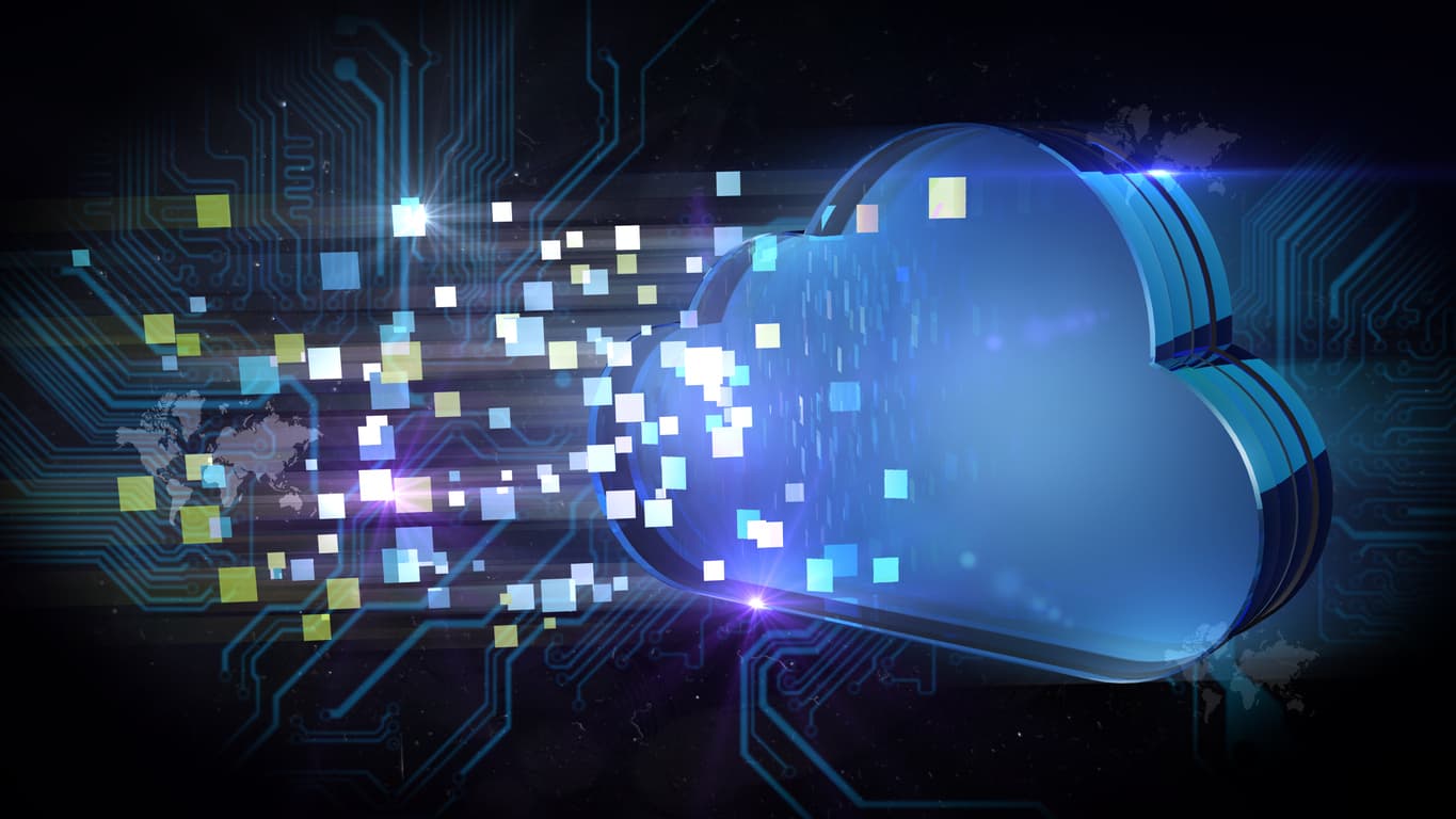 A 3D rendering of a computer cloud ejects multi-colored squares against a black background.