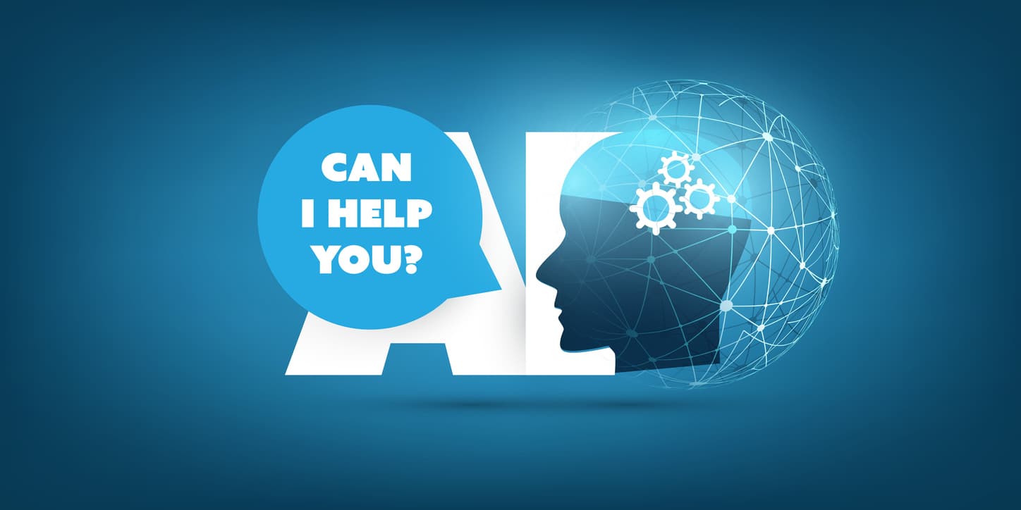 On a blue background are the letters AI in white. Superimposed over this is a robotic face wrapped with a connectivity symbol. A word bubble says can I help you.