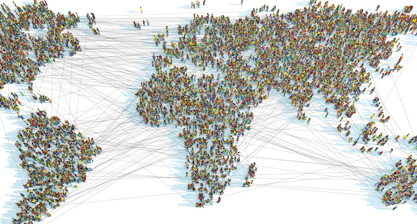 A flat map of much of the world shows continent borders defined by standing people, with interconnected lines between continents.