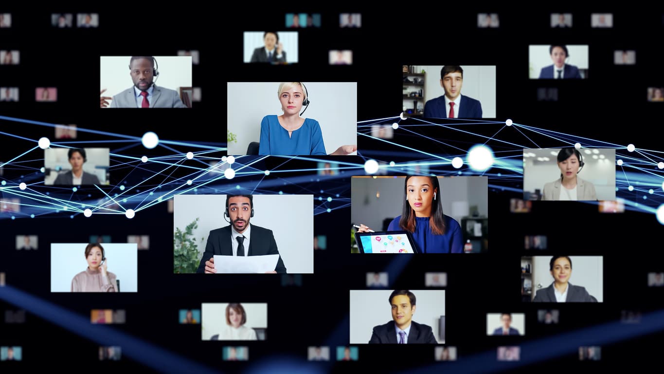 Graphic showing remote employees logging into Amazon WorkSpaces against a black backdrop.