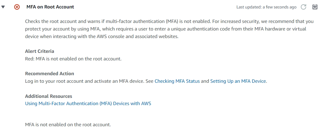 AWS Trusted Advisor Check for MFA on Root Account