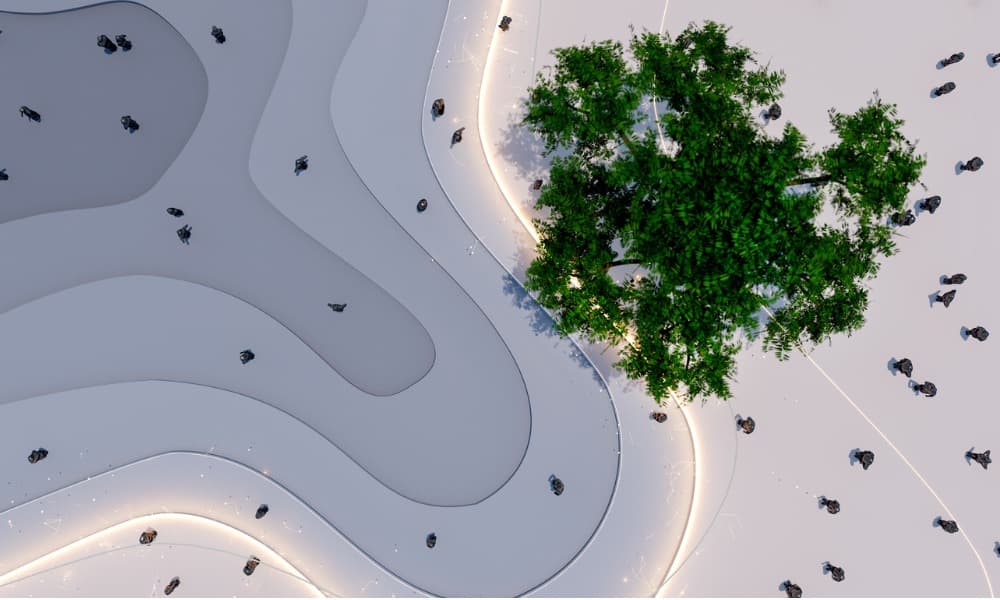 Overhead view of an architecturally designed white concrete park with markers placed in various locations.