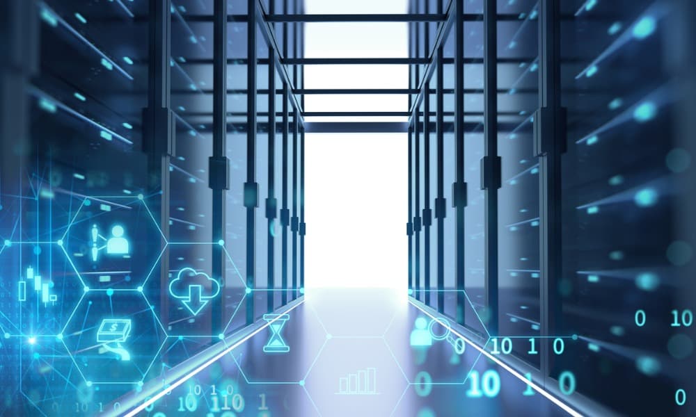 A corridor of a server room with server racks in a data center.