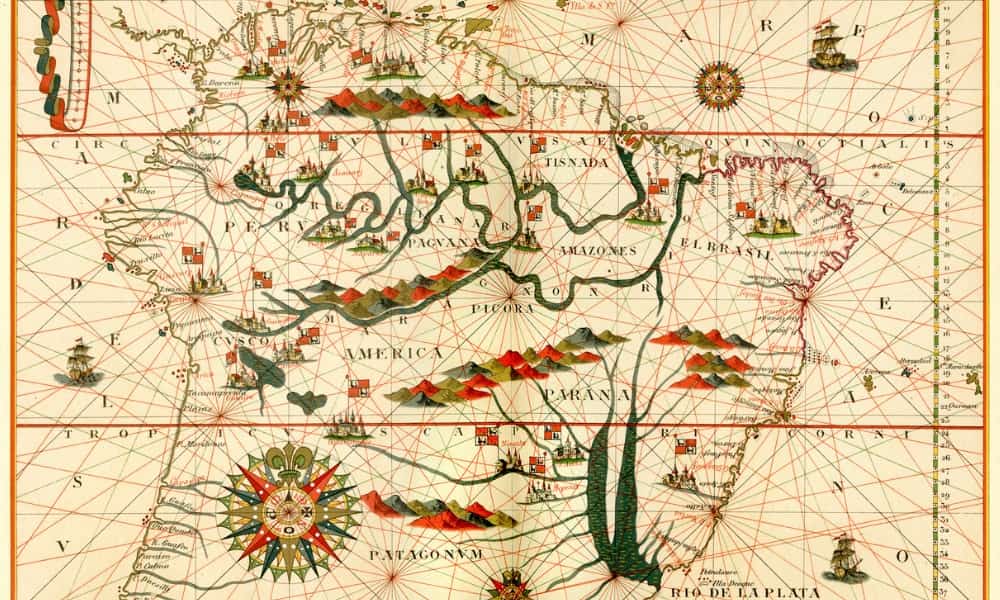 The image displays an old-style or antique map of the Amazon jungle with red, green, and black highlights on a beige background.