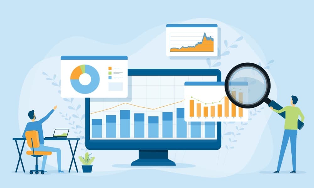 The image displays a cartoon image with a blue background of two employees using various means to evaluate computer data.