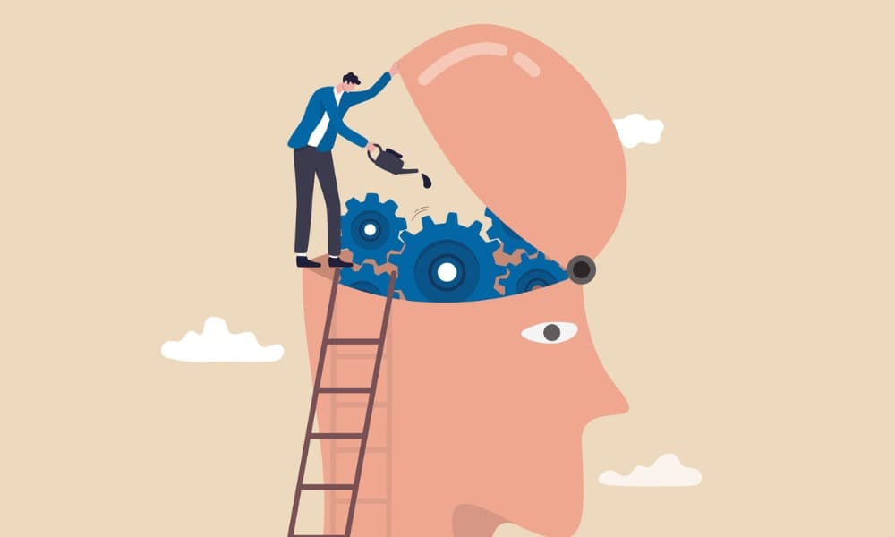 Illustration of skill training concept, man climb up ladder to fix and lubricate gear cogs on his brain head.